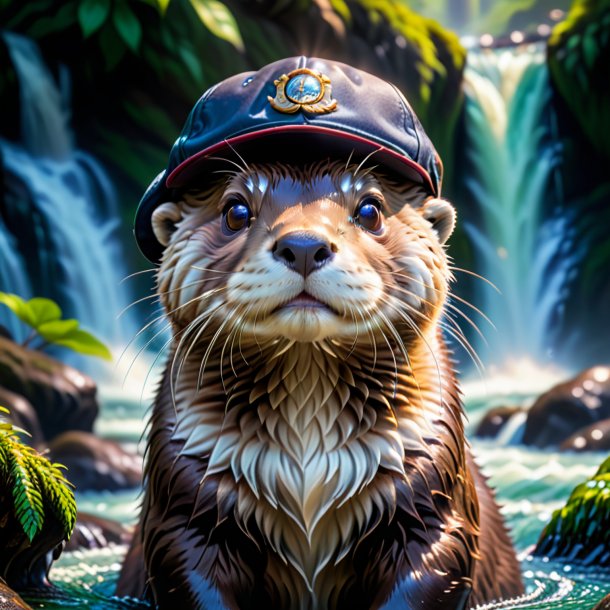 Picture of a otter in a cap in the waterfall