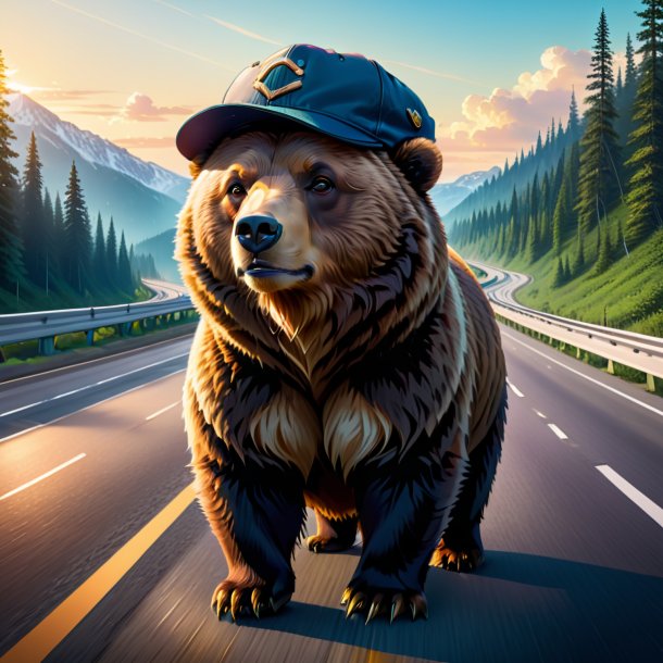 Illustration of a bear in a cap on the highway