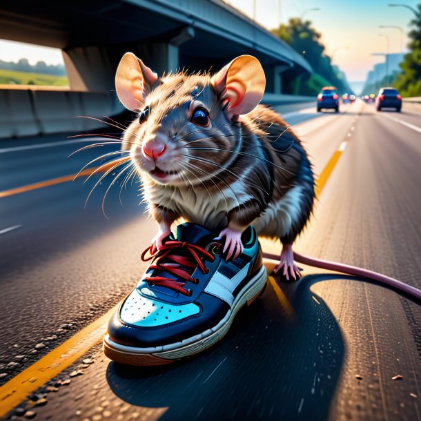 Foto de um rato em um sapato na estrada