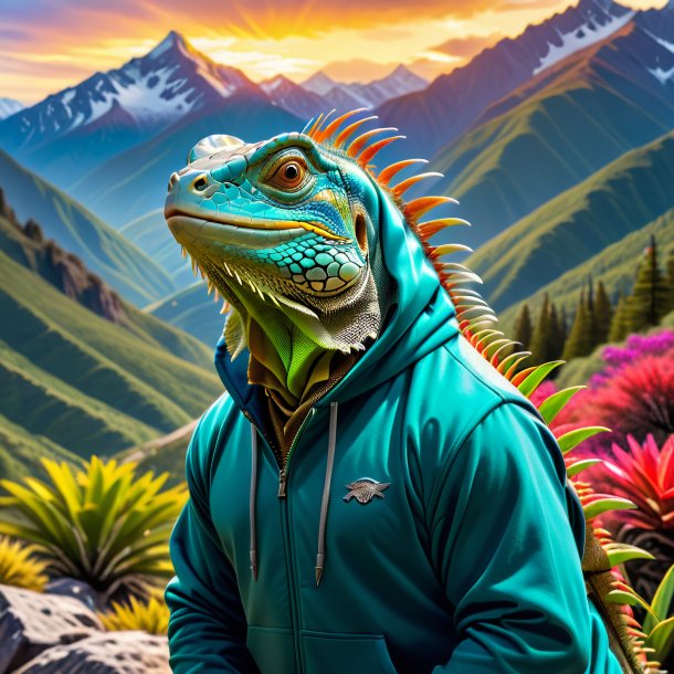 Picture of a iguana in a hoodie in the mountains