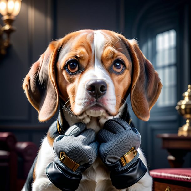 Photo d'une beagle dans un gants gris