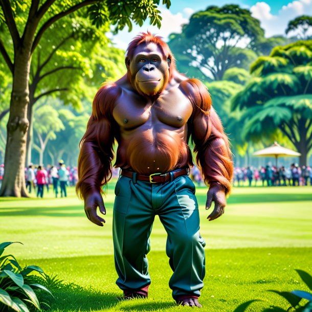 Picture of a orangutan in a trousers in the park