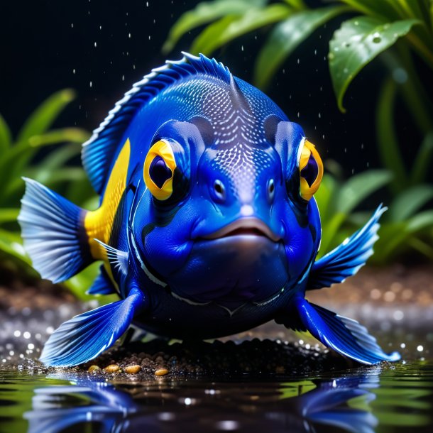 Photo of a blue tang in a vest in the puddle