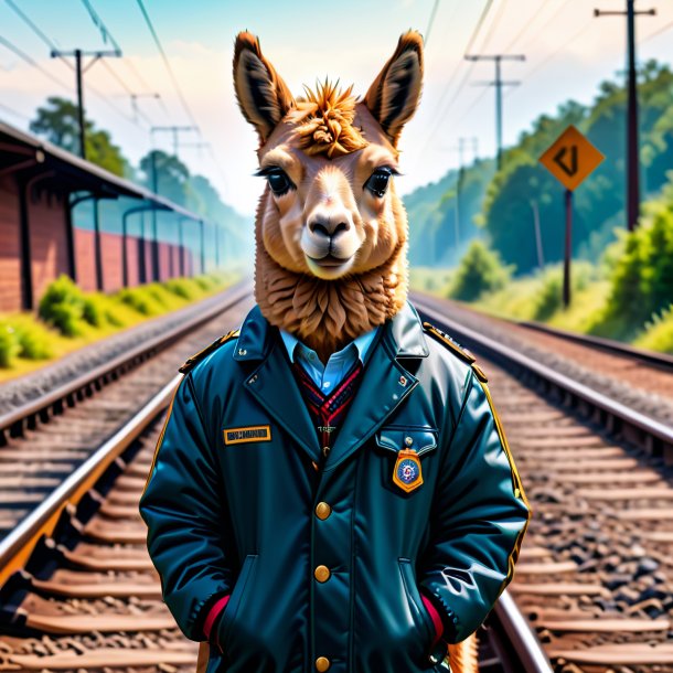 Foto de una llama en una chaqueta en las vías del tren