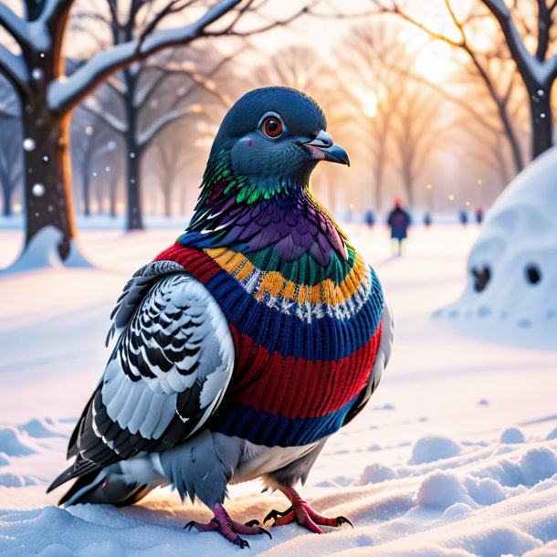 Imagem de um pombo em um suéter na neve