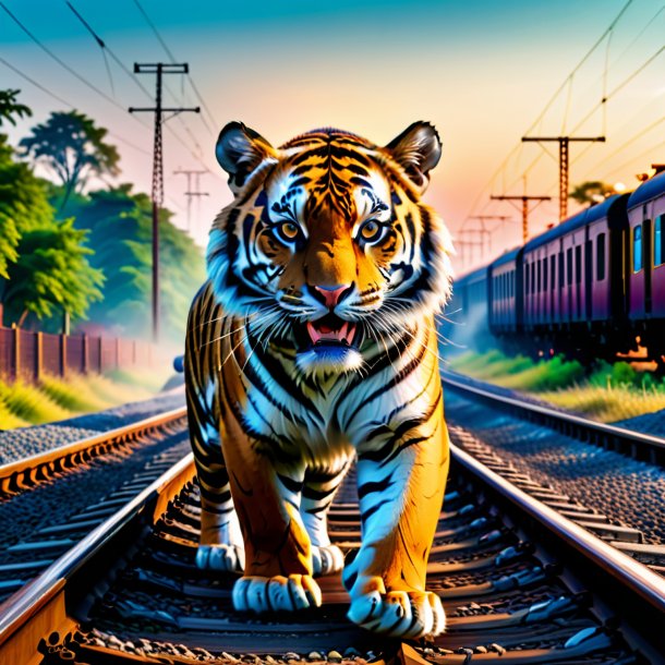 Foto de un juego de un tigre en las vías del tren