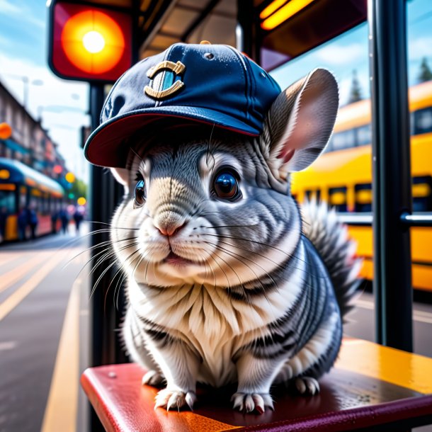 Image of a chinchillas in a cap on the bus stop