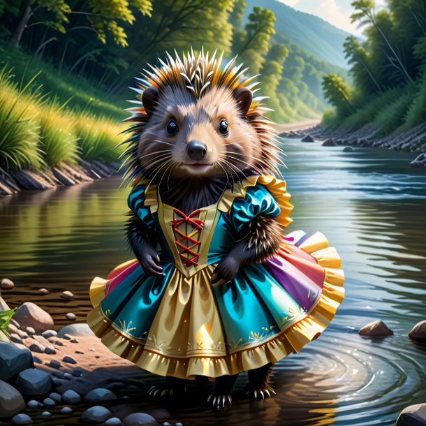 Illustration of a porcupine in a dress in the river