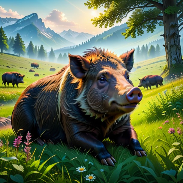 Pic of a resting of a boar in the meadow