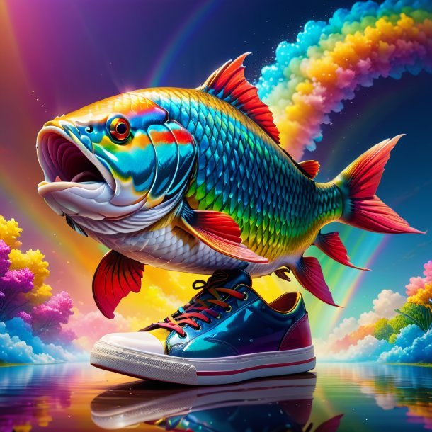 Illustration of a carp in a shoes on the rainbow