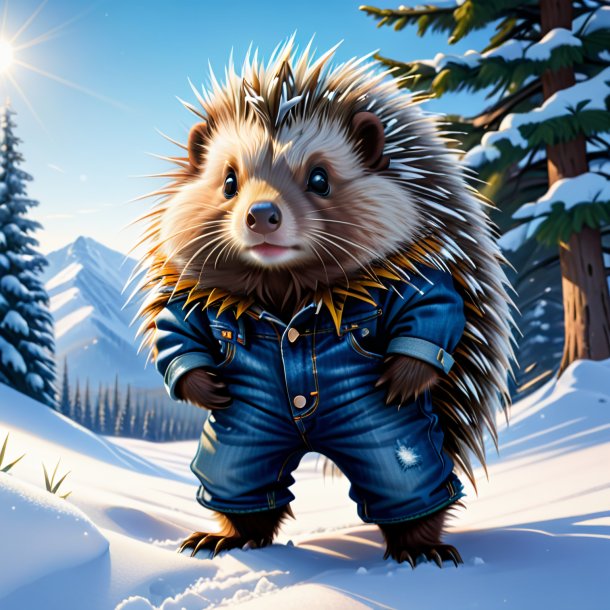 Illustration of a porcupine in a jeans in the snow