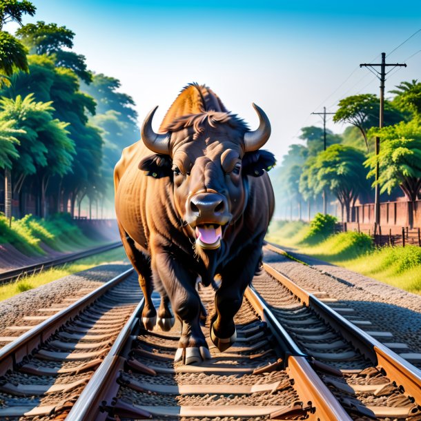 Imagen de una sonrisa de un búfalo en las vías del ferrocarril