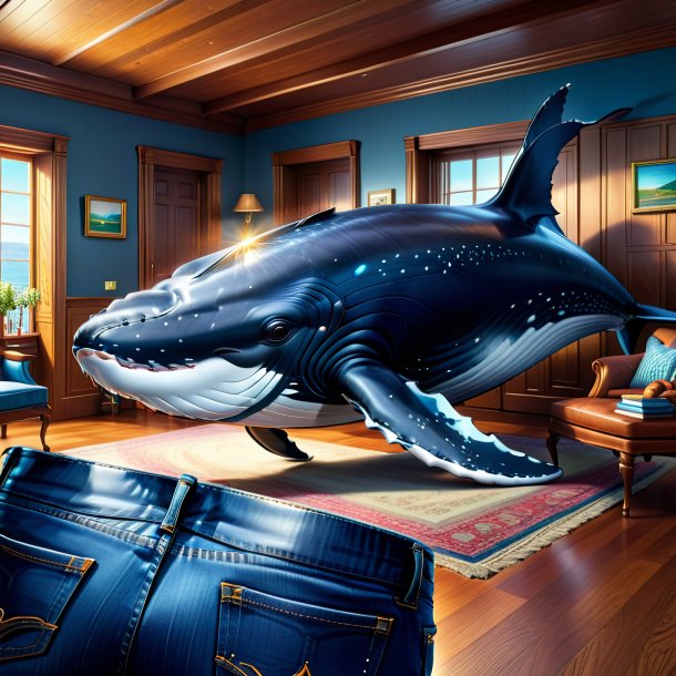 Illustration of a whale in a jeans in the house