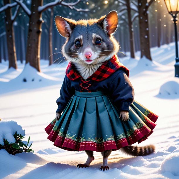 Photo of a possum in a skirt in the snow