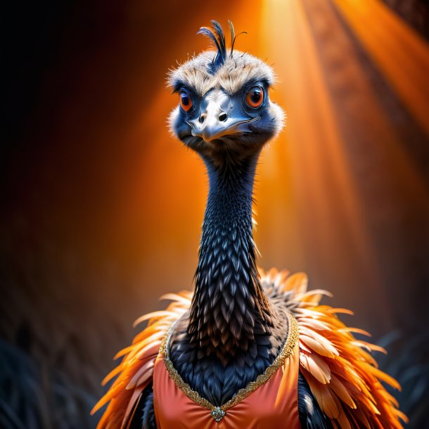 Image of a emu in a orange dress