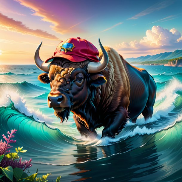 Drawing of a buffalo in a cap in the sea