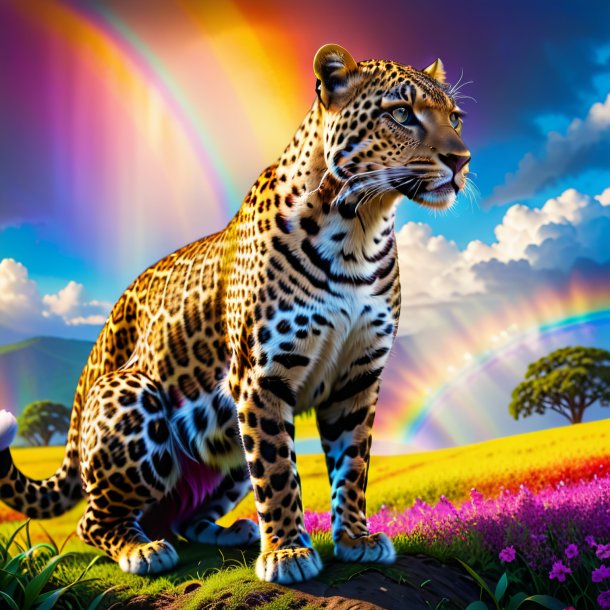 Foto de un leopardo en un vestido en el arco iris