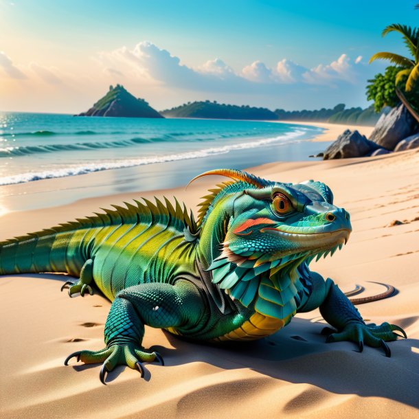 Photo of a resting of a basilisk on the beach