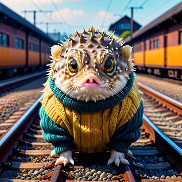 Pic of a pufferfish in a sweater on the railway tracks