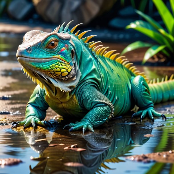 Foto de un llanto de una iguana en el charco