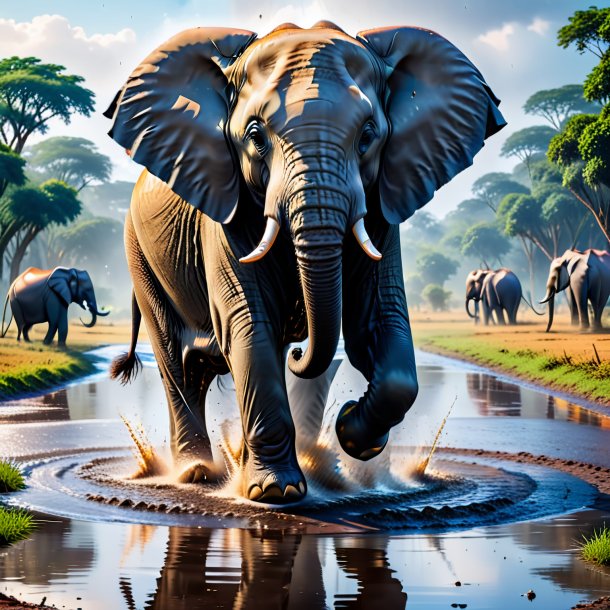 Photo of a jumping of a elephant in the puddle