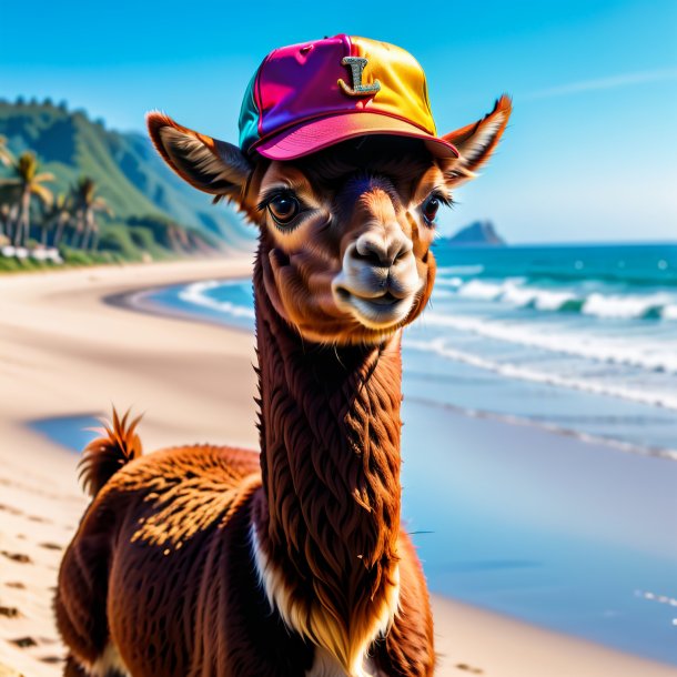 Image of a llama in a cap on the beach