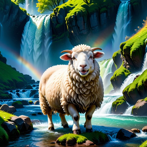 Pic of a smiling of a sheep in the waterfall