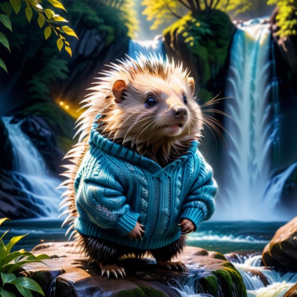 Picture of a porcupine in a sweater in the waterfall