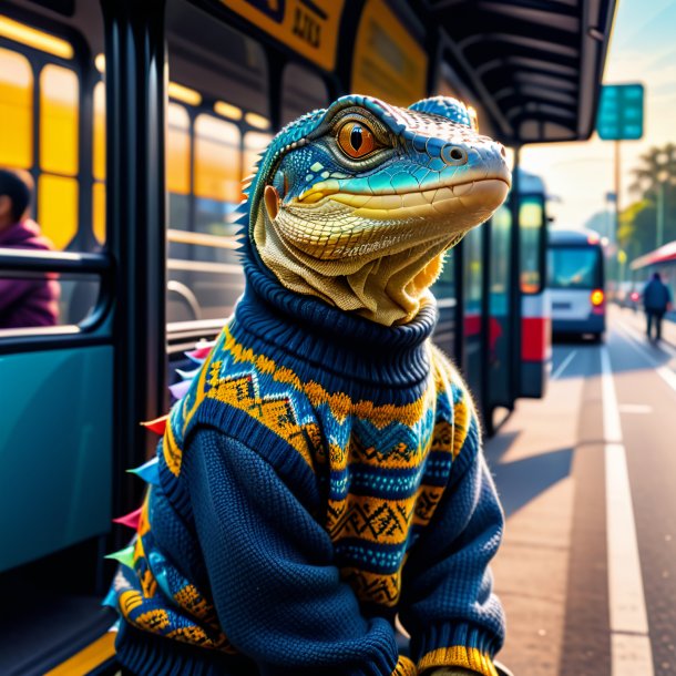 Photo of a monitor lizard in a sweater on the bus stop