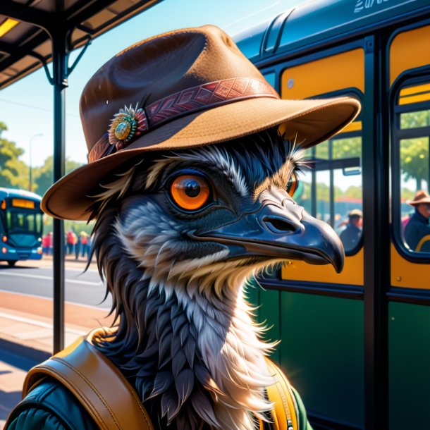 Desenho de uma emu em um chapéu no ponto de ônibus