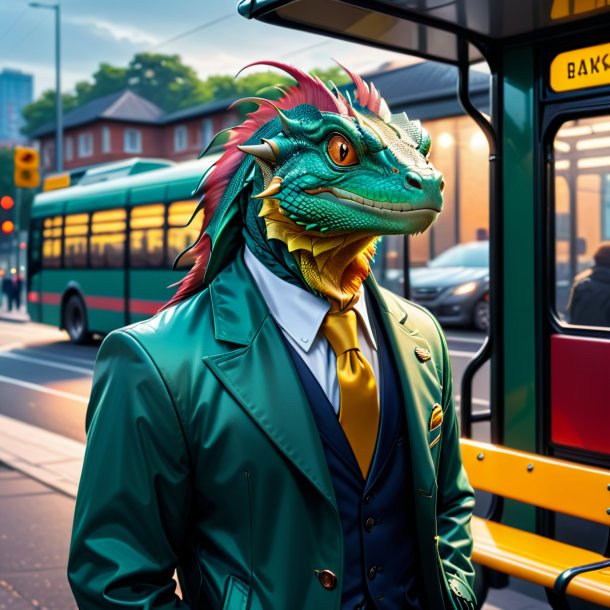 Pic of a basilisk in a jacket on the bus stop