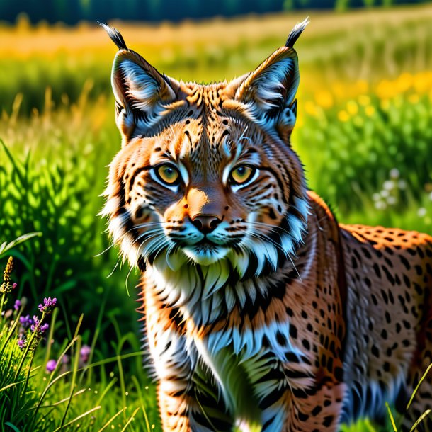 Image of a lynx in a belt in the meadow