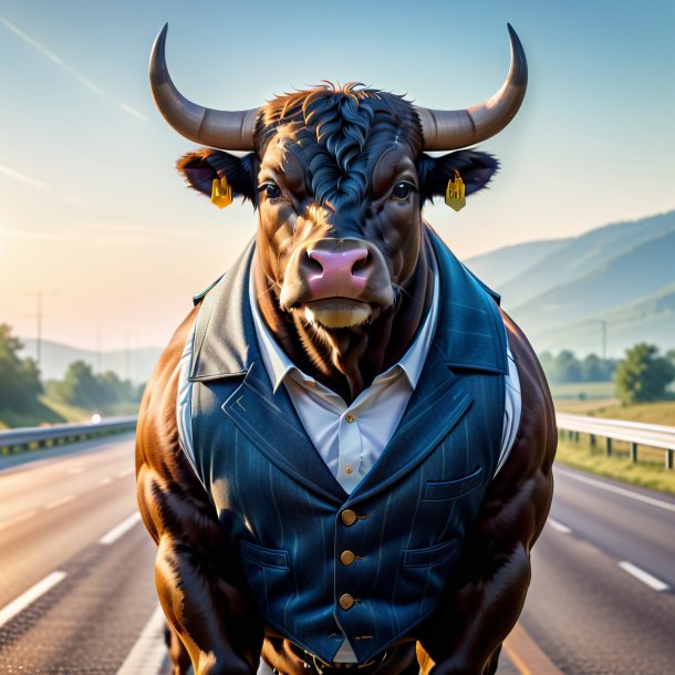 Image of a bull in a vest on the highway