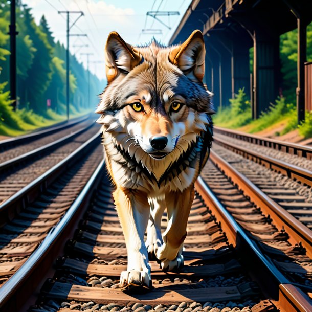 Picture of a wolf in a shoes on the railway tracks