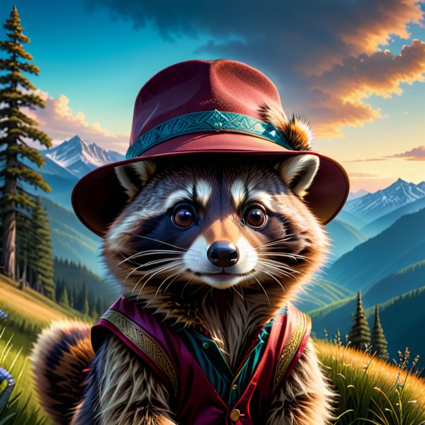 Drawing of a raccoon in a hat in the mountains