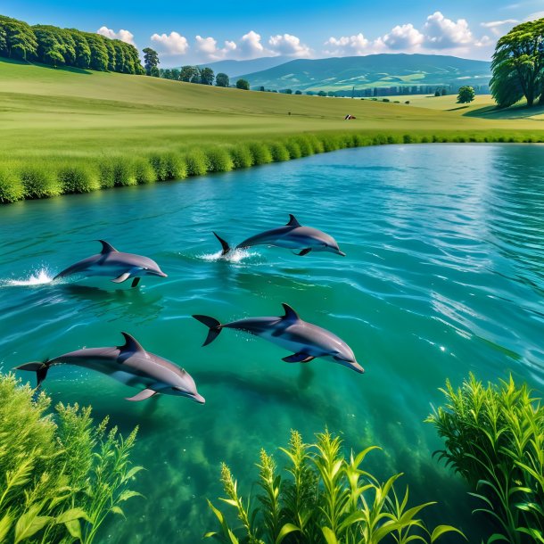 Photo of a swimming of a dolphin in the meadow