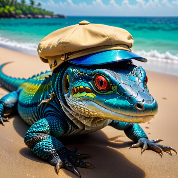 Foto de un lagarto monitor en una gorra en el mar