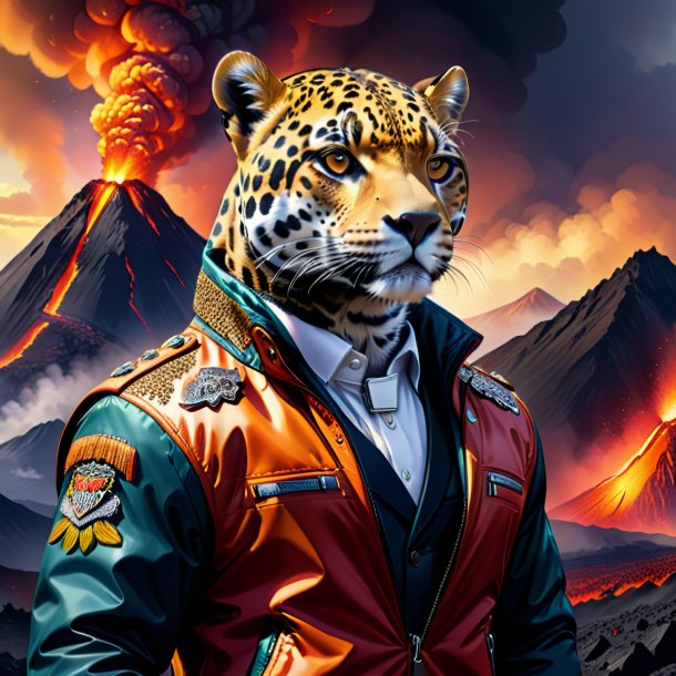 Drawing of a jaguar in a jacket in the volcano