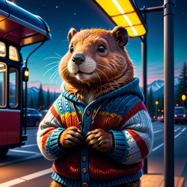 Illustration of a beaver in a sweater on the bus stop