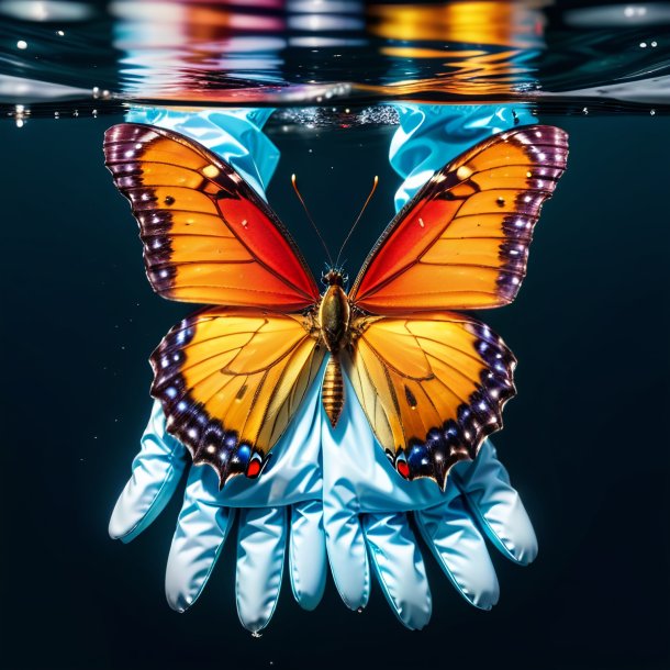 Photo of a butterfly in a gloves in the water