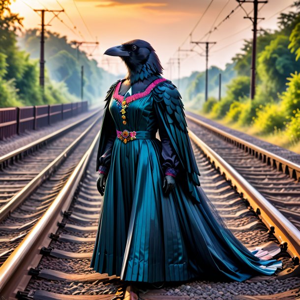 Image of a crow in a dress on the railway tracks