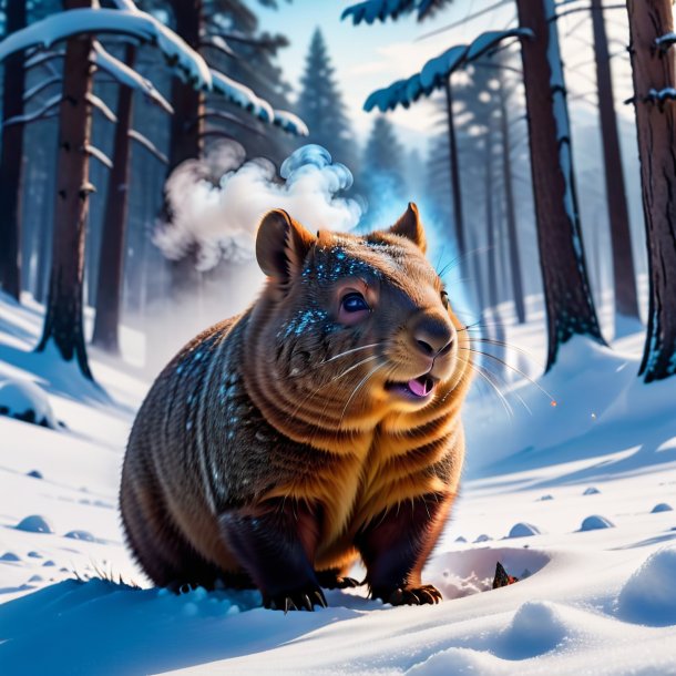 Photo of a smoking of a wombat in the snow