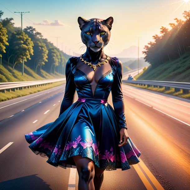 Illustration of a panther in a dress on the highway