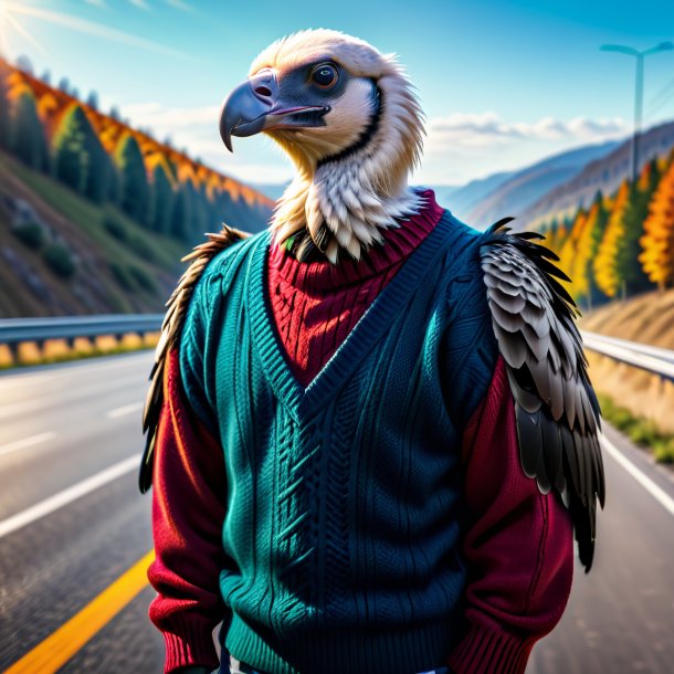 Foto de un buitre en un suéter en la carretera