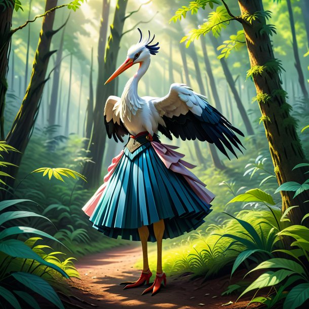 Illustration of a stork in a skirt in the forest