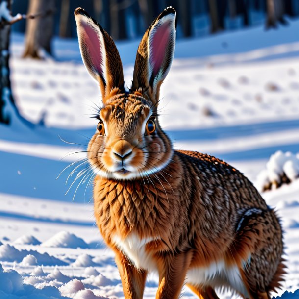 Uma foto de uma lebre com raiva na neve