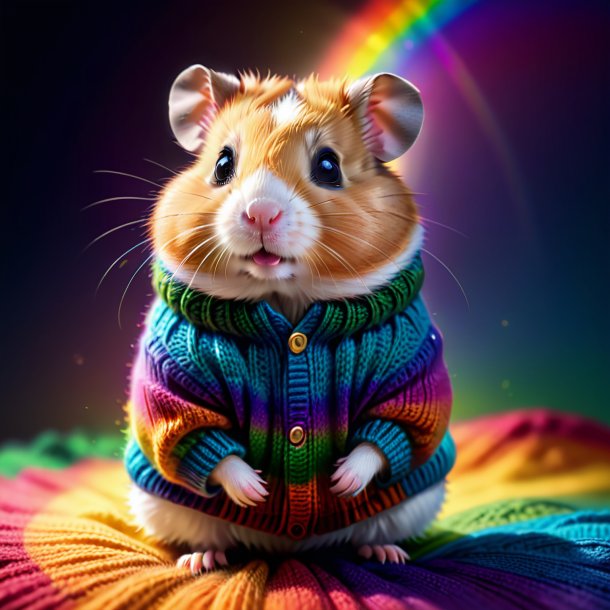 Drawing of a hamster in a sweater on the rainbow