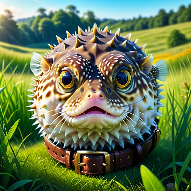 Illustration of a pufferfish in a belt in the meadow