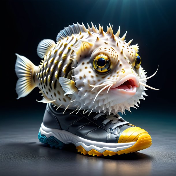 Picture of a pufferfish in a gray shoes