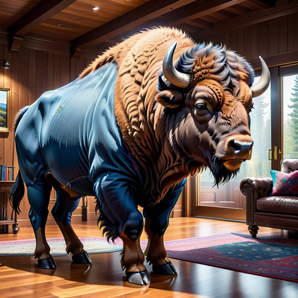 Drawing of a bison in a jeans in the house